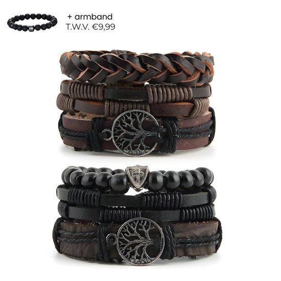 Deux bracelets pour hommes : un bracelet tressé en cuir marron avec un arbre de vie, et un ensemble de bracelets en cuir noir avec des perles, un arbre de vie et un écusson.