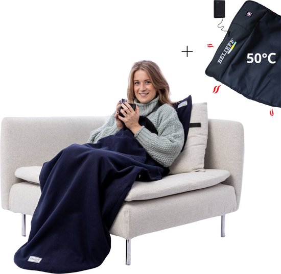 Belieff Cozy Deken (M) – 140 x 86 CM - Fleece Plaid + Heating Systeem - 3 Standen - Tot 50 Graden - Warmte Deken Elektrisch Voor Op De Bank - Warmtedeken Draadloos - Warmtedeken Oplaadbaar - Blauw