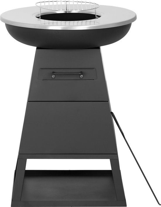 Bali OUTDOORS 3-in-1 Grillring BBQ en Plancha Grill en Vuurkorf– Staand Vuurschaal BBQ met Brandhout Opslagplaats - RVS ronde Teppanyaki Bakplaat - Houtskoolbarbecue – Buitenkeuken – Metaal – Zwart – Ø 58.5x H83cm