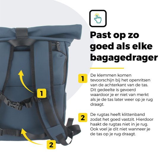 Gedetailleerde illustratie van de achterkant van een blauwe fietstas, met pijlen die de bevestigingsclips en klittenband tonen.