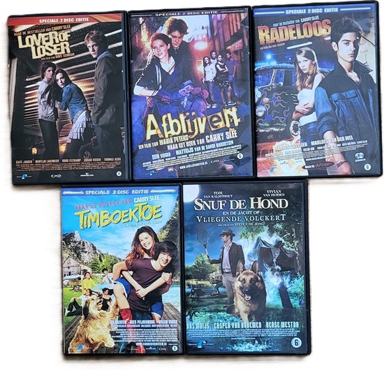 Vijf dvd-hoezen van jeugdfilms. "Lover of Loser", "Afblijven", "Radeloos", "Timbuktu" en "Snuf de hond".