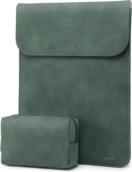 Foto: Sounix laptophoes geschikt voor macbook pro 14 inch 2 delig pu leren laptophoes dunne laptopsleeve laptophoes sleeve groen
