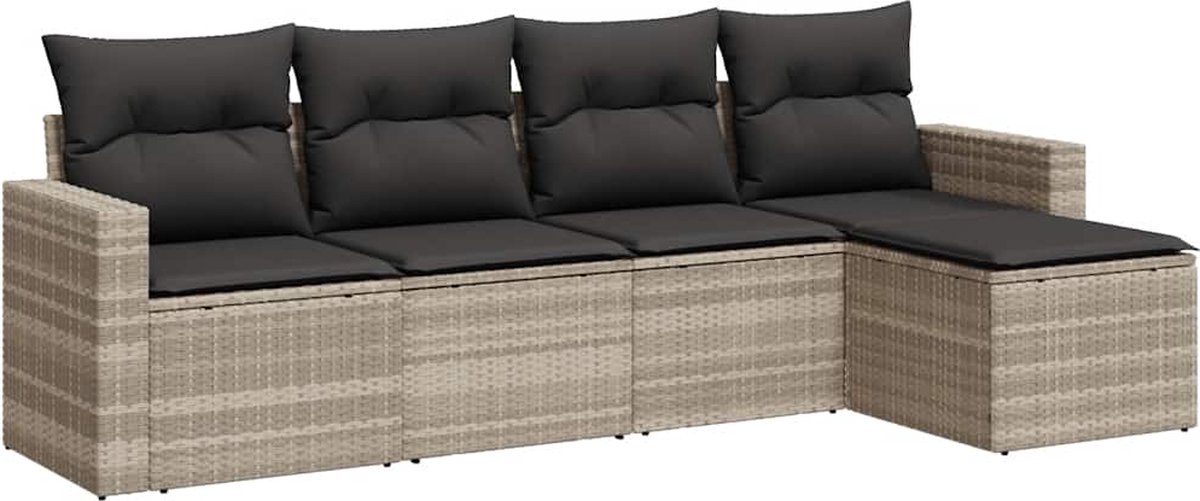 vidaXL 5-delige - Loungeset - met - kussens - poly - rattan - lichtgrijs