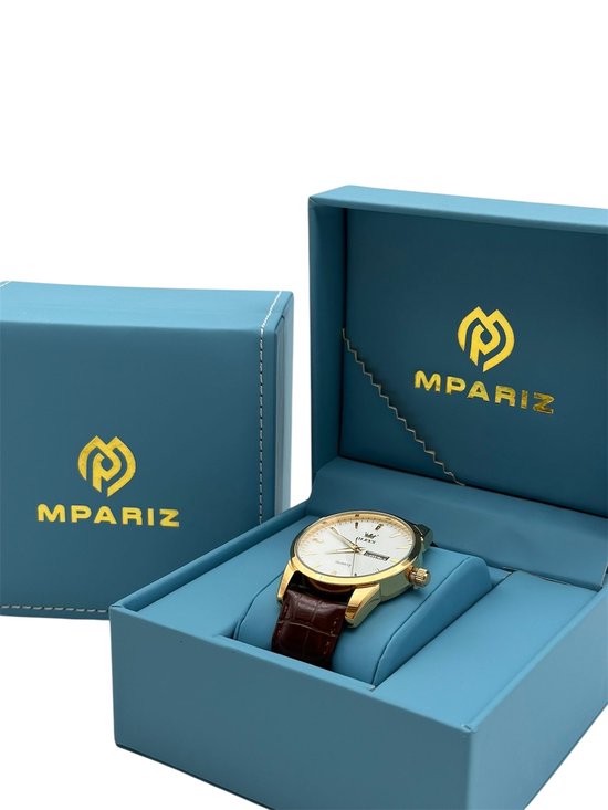 Olevs - Montre homme - Bracelet cuir - Montre-bracelet - Homme - Cadeau - Montre - Coffret cadeau - Homme - blanc et or - bracelet marron