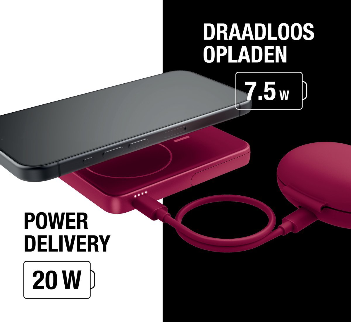 Fresh Magnetische Powerbank Draadloos 5000 mAh Berry Red - afbeelding 3
