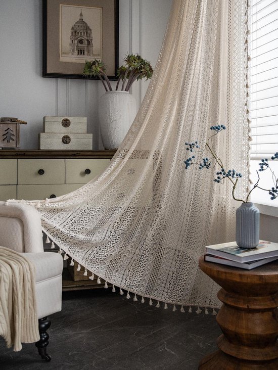 Boho Rideaux Crochets kanten Patchwork Semi-Occultant Bohème Glands Faits À La Main, Passe-Tige Fenêtre Traitement Vintage Rustique Ferme Rideaux Pour Salon Chambre, 1 Panneau 59"wx 86"l,150cmX220cm, Beige