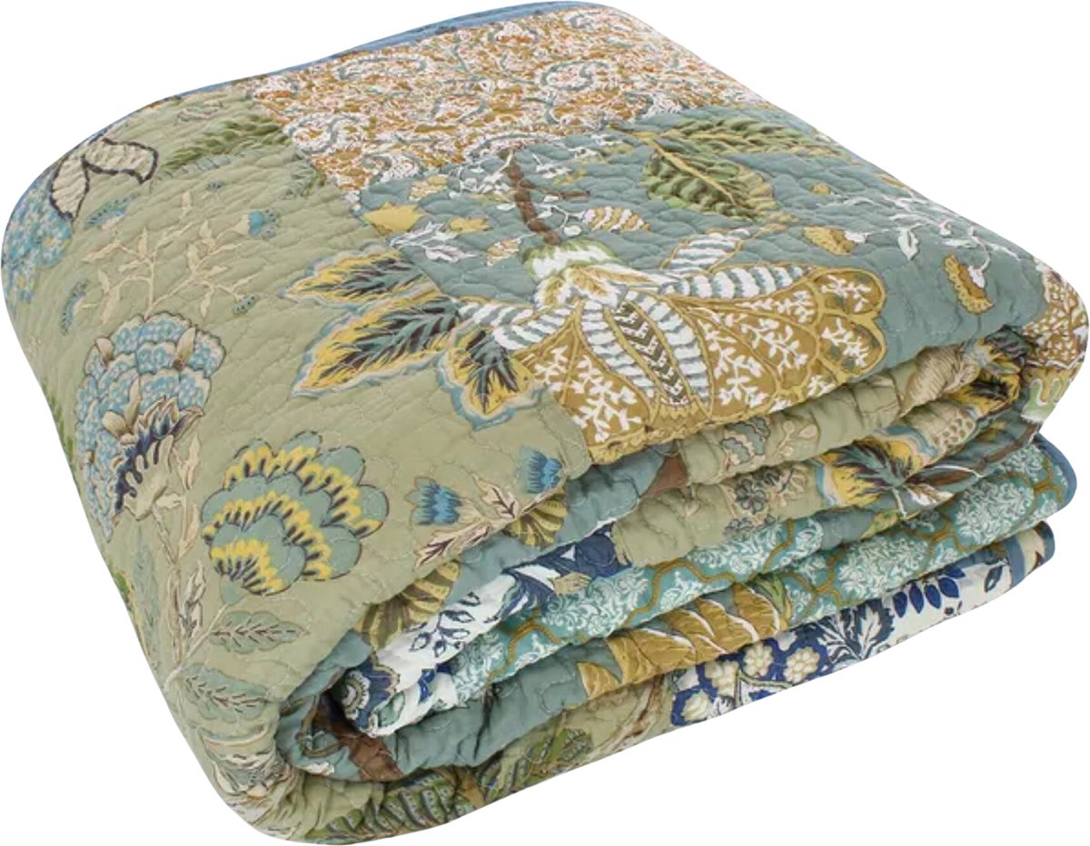 Twin Size Patchwork Quilt Blauw Katoen Gewatteerde Gooi Deken Omkeerbare Sprei Coverlet voor Bank Sofa Lichtgewicht Zachte Bloemen Vintage Tuin