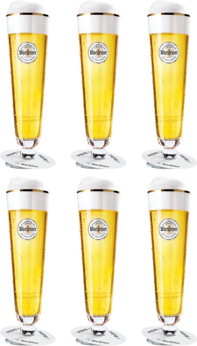 Warsteiner Bierglazen op Voet - Set van 6 glazen - Ideaal voor bier en koude dranken - Elegante vorm met voet - Vaatwasserbestendig - Glas - Hoogte 200 mm - Glaswerk - Bierglazen