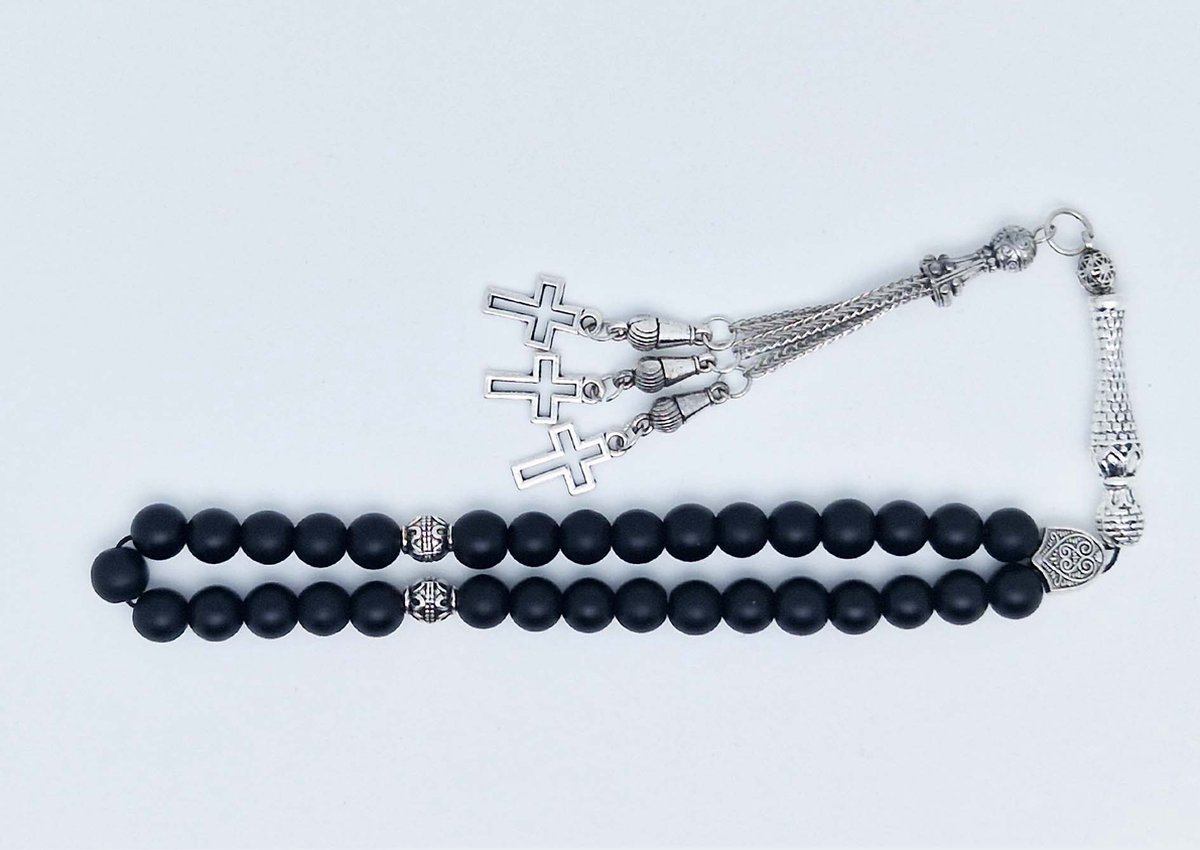 Handgemaakte tesbih klassiek - "Tasbih" natuursteen "Mat zwart onyx" - Aantal kralen 33 - Diameter kralen 8 MM - met metaal tassel "Kruis" - Een mooi cadeau-idee