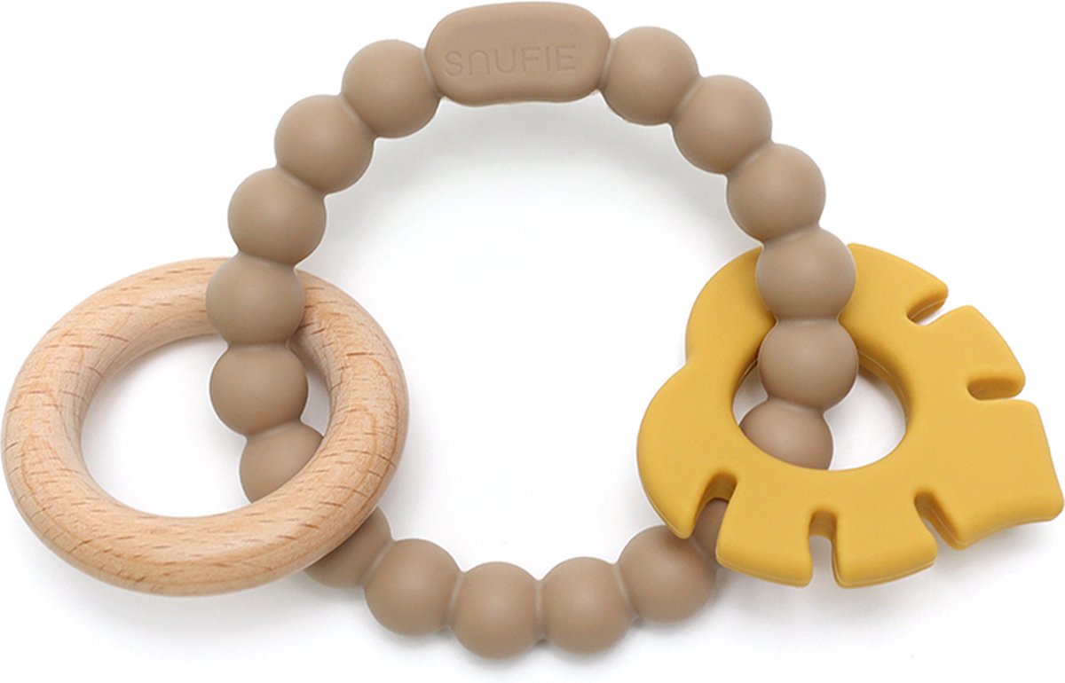 Snufie Blad Rammelaar Bijtring – Hout & Siliconen – Baby Speelgoed – Kraamcadeau – Babyshower Cadeau – BPA-vrij – Vanaf 3 maanden – Khaki & Oker