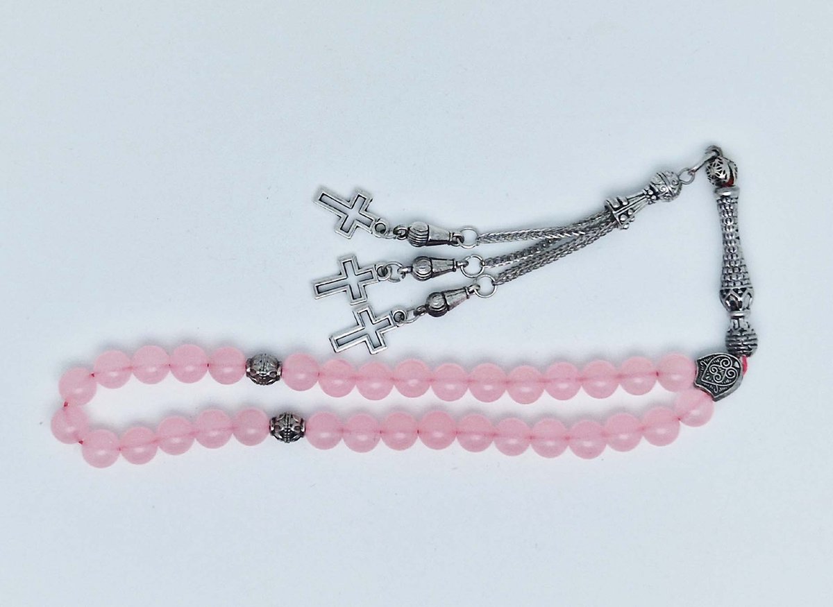 Handgemaakte tesbih klassiek - "Tasbih" natuursteen "Roze kwartz" - Aantal kralen 33 - Diameter kralen 8 MM - met metaal tassel "Kruis" - Een mooi cadeau-idee