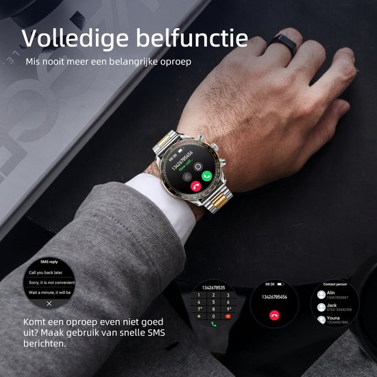 Maoo Titan AMOLED Smartwatch Heren - Special Edition - Stainless Steel en 2 TPU bandjes - Stappenteller - Hartslagmeter - Slaapmonitor - Multisport - Geschikt voor Android en iOS - Zilver en Goud