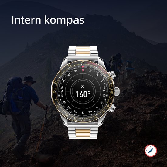 Maoo Titan AMOLED Smartwatch Heren - Special Edition - Stainless Steel en 2 TPU bandjes - Stappenteller - Hartslagmeter - Slaapmonitor - Multisport - Geschikt voor Android en iOS - Zilver en Goud