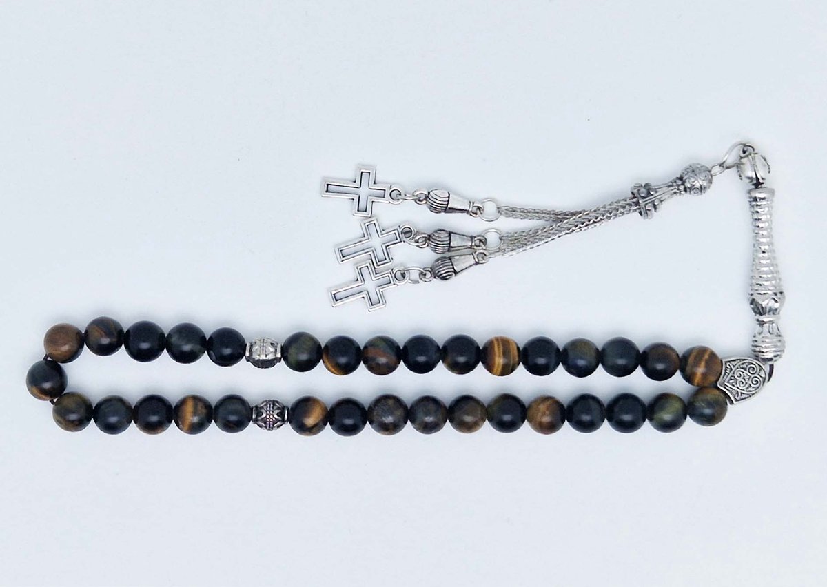Handgemaakte tesbih klassiek - "Tasbih" natuursteen "Tijgeroog" - Aantal kralen 33 - Diameter kralen 8 MM - met metaal tassel "Kruis" - Een mooi cadeau-idee