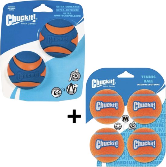 Combideal Chuckit! - Ultra Squeaker Bal Extra Stevig - Hondenspeelgoed - Hondenbal - Medium - Ø6 cm - 2 Stuks + 4 Chuckit Fetch Balls (6 CM)