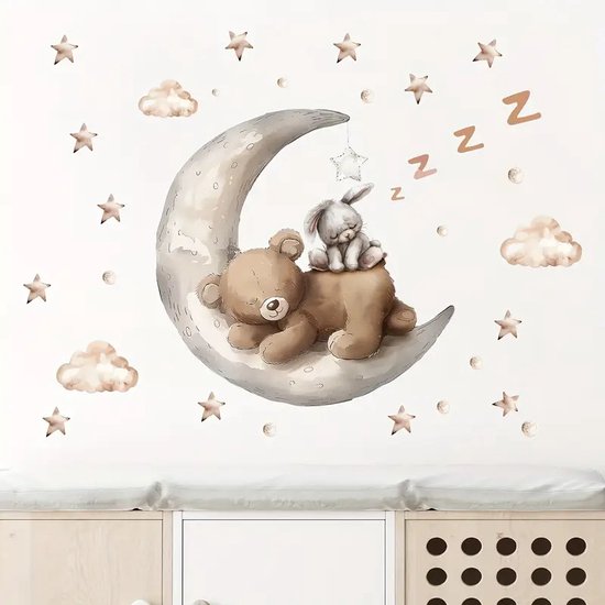 Muursticker Ours endormi et Lapin sur Lune - 68x50cm - Chambre de bébé - Chambre enfant - PVC autocollant - garçon - fille - aquarelle