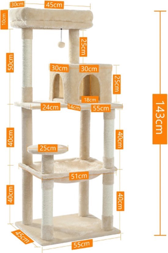 Feandrea Kattenboom met warme dekens, voor grote katten, 2 kattenborstels, 11,1 cm dikke stammen, grote platforms, grot, 50 x 50 x 160 cm, crèmewit-beige PCT003W02