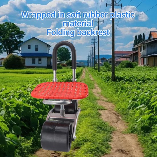 Verstelbare rollende tuinwagen met zitting, draaibare opheffende tuinkruk werkstoel op wielen voor tuinieren en huishoudelijke taken planten (rood, twee wielen