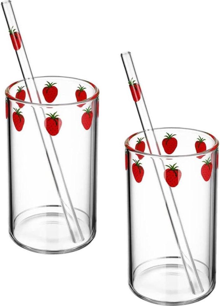 Goedkoopste 2 sets aardbei-glazen bekers met rietjes - transparant waterglas - Kawaii mok - schattige drankglazen - koffie water melk thee - thuis kantoor