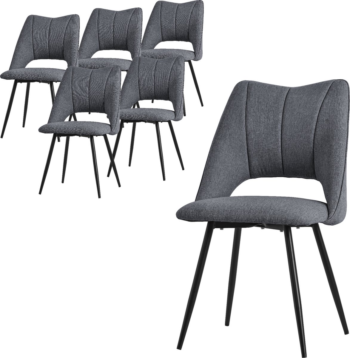ml-design eetkamerstoelen set van 6 grijs met polyester zitting en zwarte metalen pote Keukenstoelen met rugleuning gestoffeerde stoelen voor eetkamer keuken kantoor en armstoelen voor woonkamer