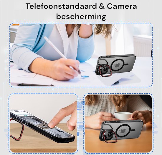 Doorzichtige iPhone 15 hoes met MagSafe-cirkel in gebruik als telefoonstandaard. Boven en rechts: in gebruik. Links: aanraakscherm.