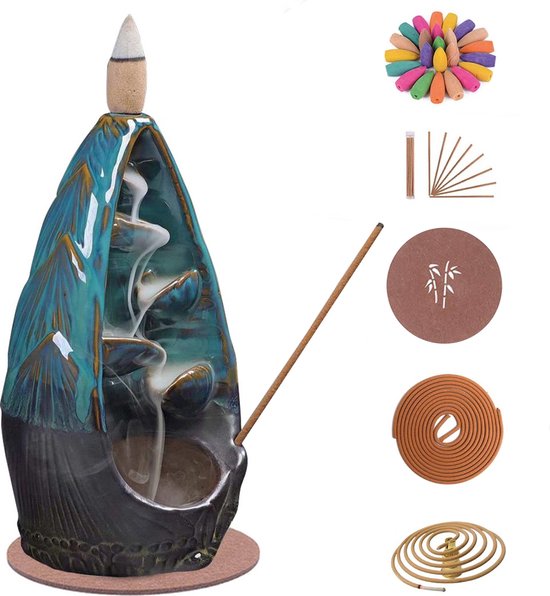 LotaHome - Wierook Waterval - Wierookbrander - Complete Set - Inclusief 120 Geur Kegels, 30 Wierook Stokjes, 40x Wierook Spiraal, 1 Onderlegger, 1 Spiraal Houder - Kegelbrander Houder - Aromatherapie - Geur Brander - Turquoise - Sinterklaas Cadeau