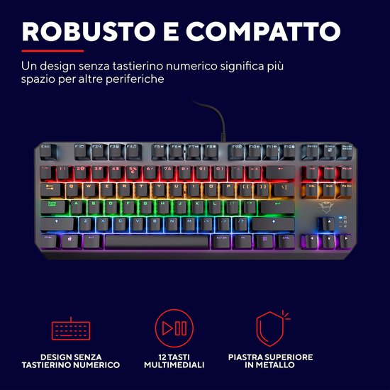 Robuust en compact toetsenbord zonder numeriek toetsenblok met 12 multimediatoetsen.