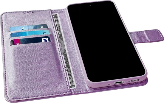 Paars telefoonhoesje in portemonnee-stijl, met telefoonvak, kaarthouders en een dollarsbiljet.