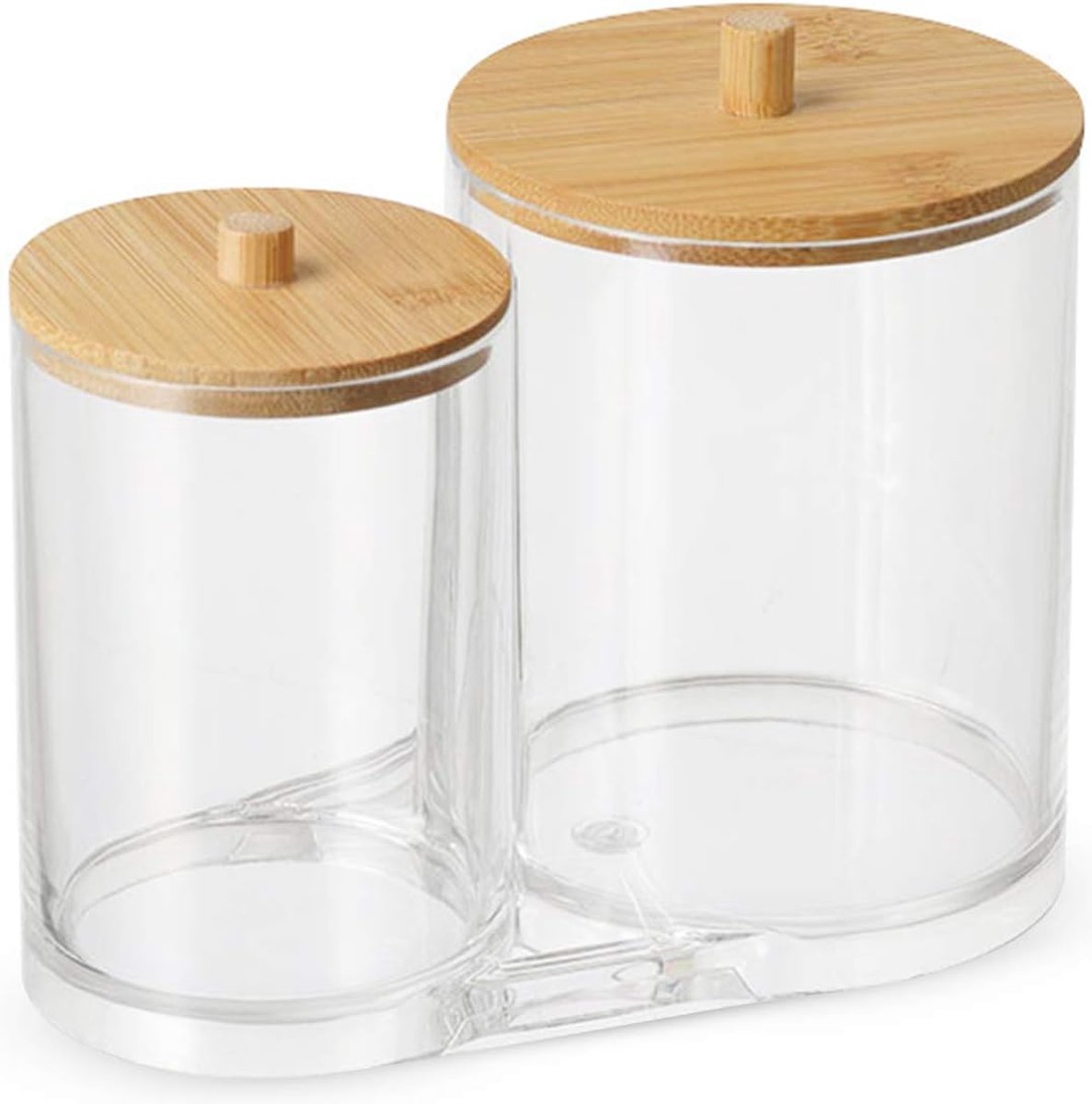 Goedkoopste Wattenschijfjes Container Doos - Wattenschijfjesdispenserset - organizer - Badkamer Container - Wattenstaafjes Opslag - Wattenstaafje Houder met Bamboe Deksel - 15.5 11.8 8.5cm - PS - transparant