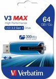 Verpakking van een blauwe 64 GB Verbatim V3 MAX USB 3.2 Gen 1 Drive met "300 MB/s" transfer speed.