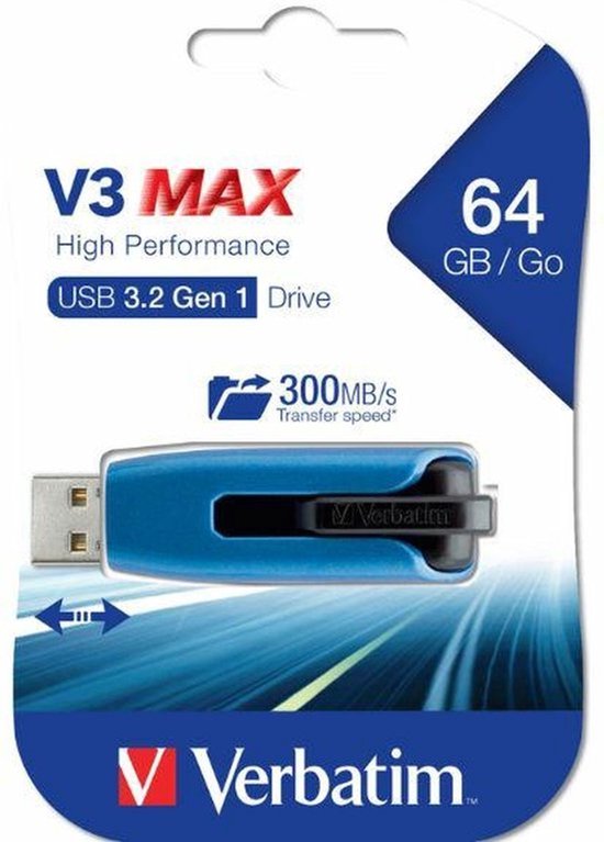 Verpakking van een blauwe 64 GB Verbatim V3 MAX USB 3.2 Gen 1 Drive met "300 MB/s" transfer speed.