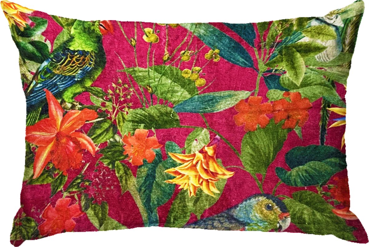 by Mooss - Sierkussen 60 x 40 cm - Velours - Tropisch Bloemen Vogels - Donker roze - Inclusief binnenkussen