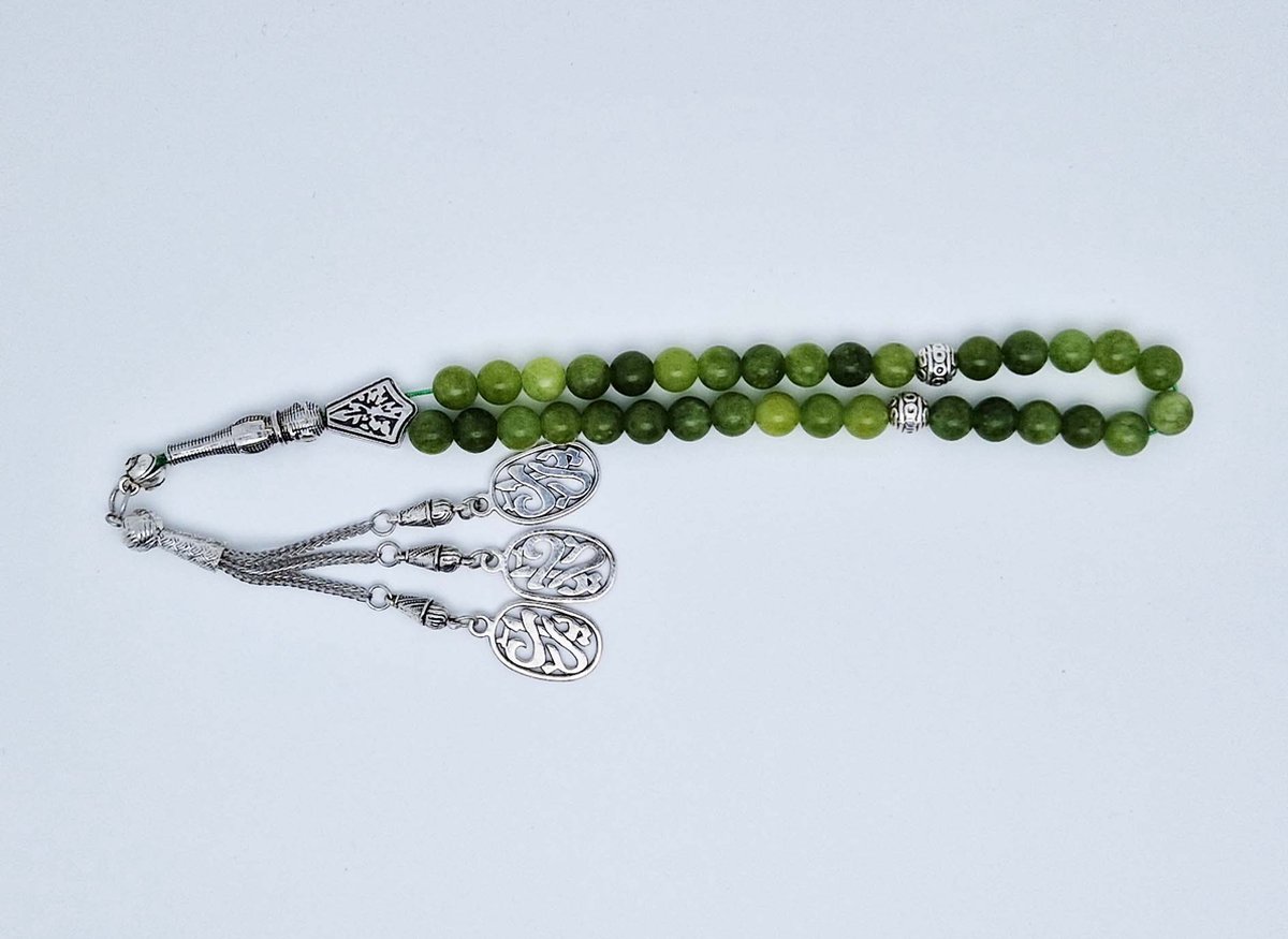Handgemaakte tesbih "tasbih" natuursteen " Kraal Koreaanse jade" - Aantal kralen 33 - Diameter kralen 8 MM - met metaal tassel "model 6" - Een mooi cadeau-idee