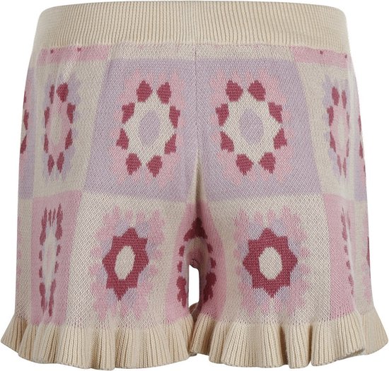 Lila gebreide shorts met gebloemd patroon en beige geribbelde zoom.