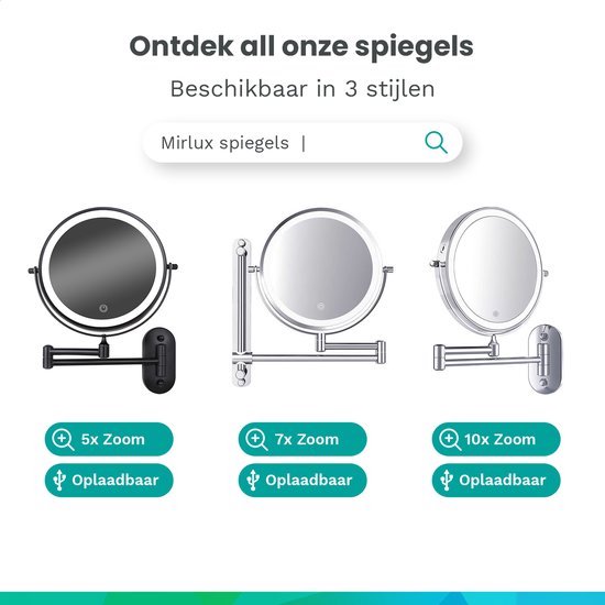 Drie Mirlux spiegels: zwart met 5x zoom, chroom met 7x zoom, en zwart met 10x zoom.