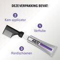 Illustratie van de inhoud van de verpakking: een kam-applicator, verftube en handschoenen.