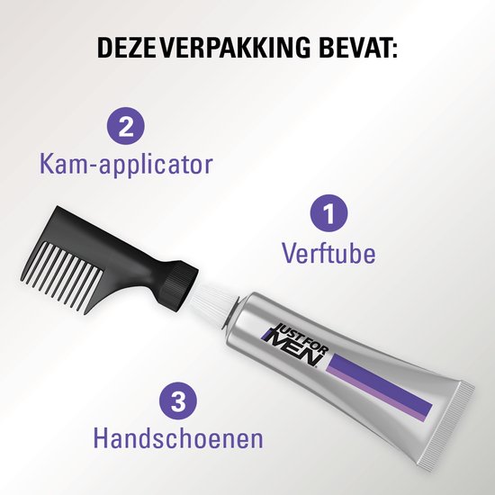 Illustratie van de inhoud van de verpakking: een kam-applicator, verftube en handschoenen.
