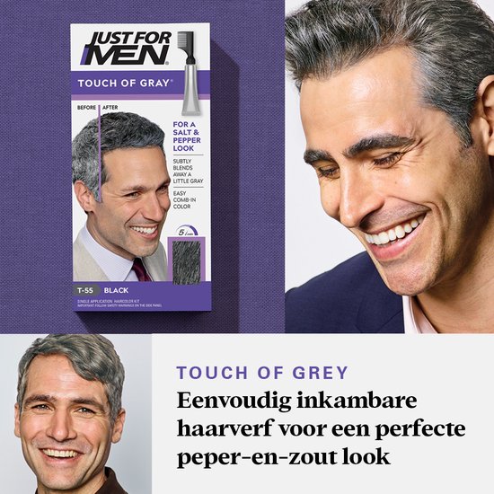 Man met een 'peper-en-zout' look na gebruik van Just For Men Touch of Grey.