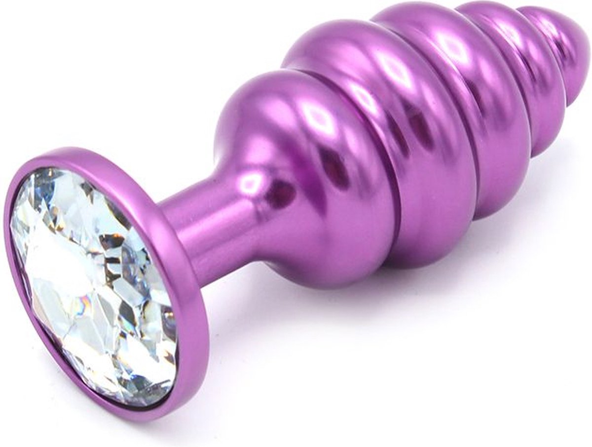 Goedkoopste Aluminum Geribbelde Buttplug met kristal - paars