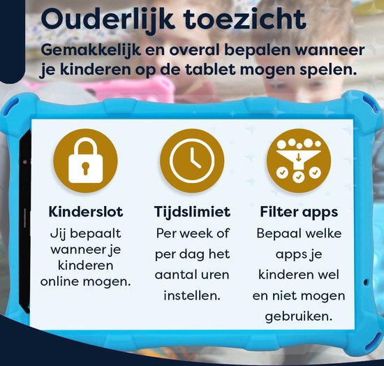 AngelTech Kindertablet PRO MAX - 4+3GB RAM - 64+64 GB - Android 14 - Snelle 8 Inch Kindertablet - Vanaf 3 Jaar - Perfect Voor School - Ouderlijk Toezicht - Ook Voor Volwassenen - 360° Fidgy Beschermhoes - Blauw