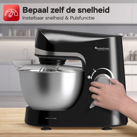TurboTronic TT-002 Pro-Mix Keukenmachine - Staande Keukenmixer- keukenrobot- 5 Liter - 2000W - Zwart van TurboTronic — afbeelding 3