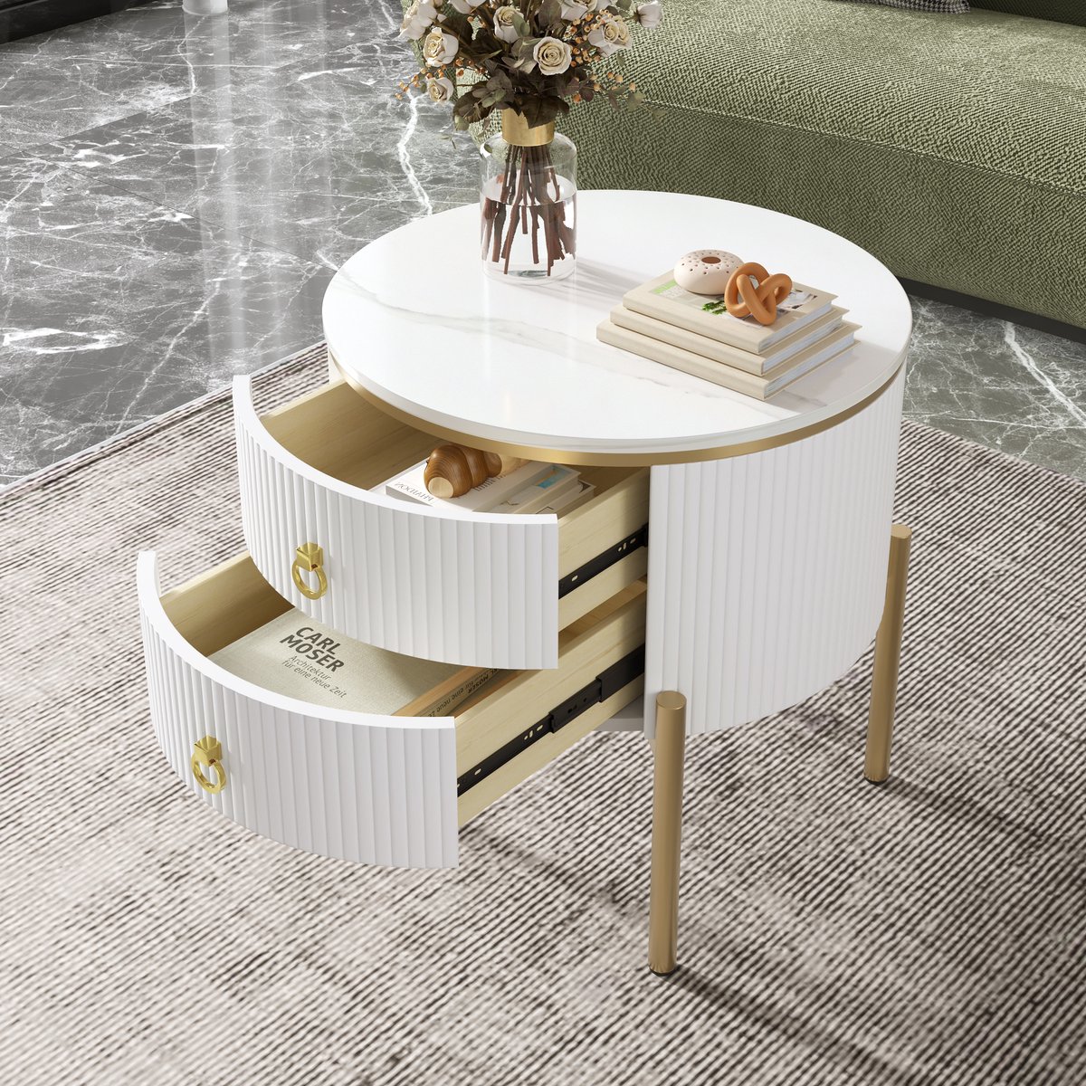 Gutent Salontafel, Wit , met laden, Speciale Afwerking, Gouden poten en handgrepen