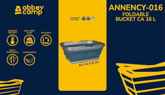 Blauwgrijze opvouwbare emmer van Abbey Camp, 16 liter, 46x34x18 cm. Ook verkrijgbaar in wit, grijs en groen.