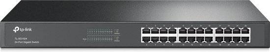Zwarte TP-Link TL-SG1024 24-poorts Gigabit Switch met LED-indicatoren.