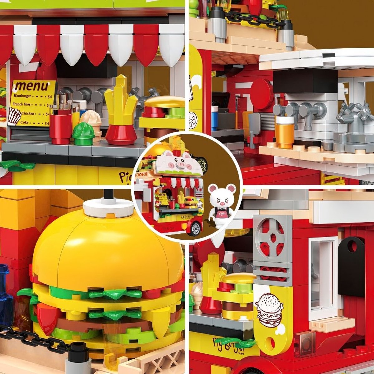 Zhe Gao 663006 Pork Hamburgertruck | City & Friends Adventure | Retro food truck | Classic Creator STEM speelgoed bouwpakket | niet compatibel met lego mega bloks | Kermis & Pretpark Auto Foodtruck modelbouw kinderen & volwassenen | 566 bouwstenen — afbeelding 2