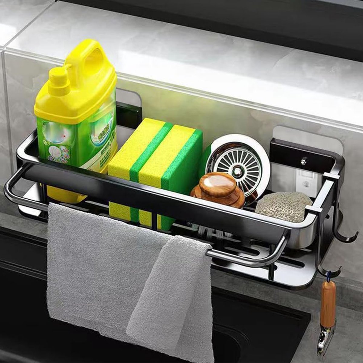 JGS ® Aluminium Organisator voor Wastafel met Handdoekhouder en Haken, Zonder Boren