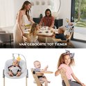 Familie rond eettafel. Kinderstoel met baby in schommelstoel. Baby met grijze zitting. Baby met kinderstoel en dienblad. Meisje met strik in haar.