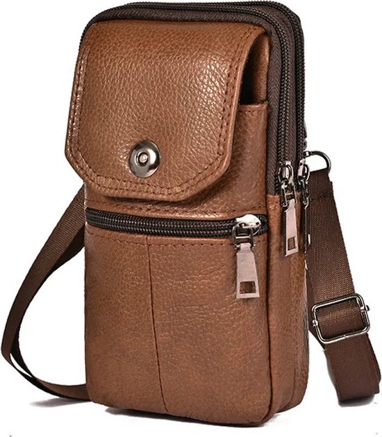 Sac bandoulière - Sac banane - Cuir - Sac bandoulière - Homme - Femme - Sac banane en cuir - Grande capacité - Sac Riem - Grande capacité - Riem - Sac - Boucle Multi- Sac pour téléphone portable - Pochette banane - Marron clair
