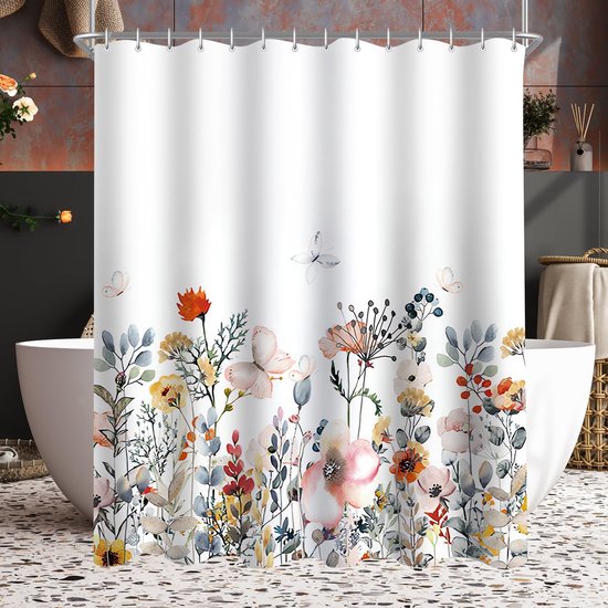 Douchegordijn - Natuur Bloemen Retro Vintage - 180 X 200 Cm   Met 12 Ringen   Kleurrijk