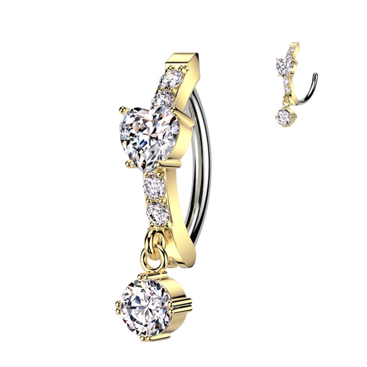Piercing ovaal steentjes met center hartje en hangertje - goud - LMPiercings